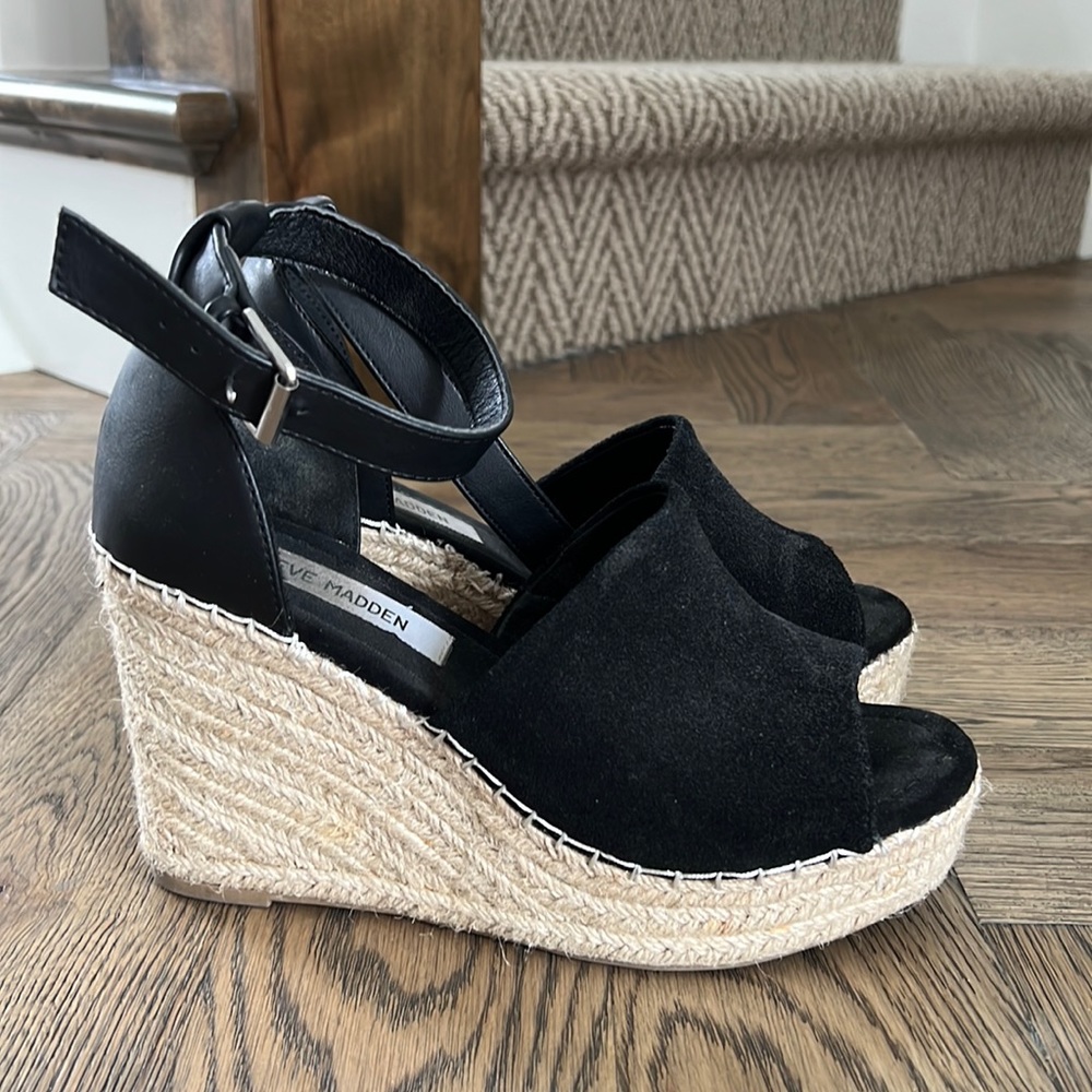 Steve Madden Black Suede Espadrille Wedge Sandals